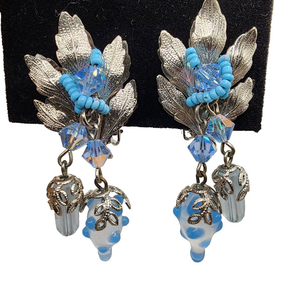 Hobe Silver Grape Leaf Glass Bead Crystal Earrings Dangle Vintage Signed Clip - Picture 1 of 16